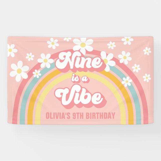 Retro Rainbow Nine is a Vibe Groovy 9th Birthday Banner (Horizontal)