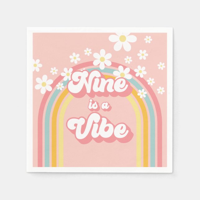 Retro Rainbow Nine is a Vibe Groovy 9th Birthday Napkin (Front)