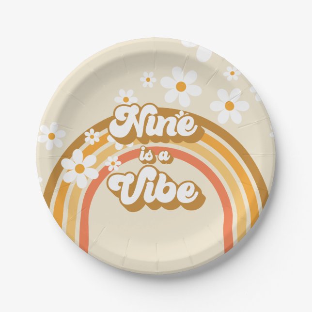 Retro Rainbow Nine is a Vibe Groovy 9th Birthday Paper Plate (Front)
