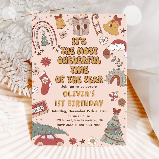 Retro Rainbow Onederful Christmas 1st Birthday Invitation (Creator Uploaded)