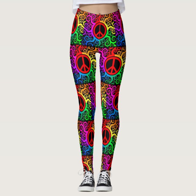 Retro Rainbow Peace Signs and Squiggles Yoga Leggings (Front)