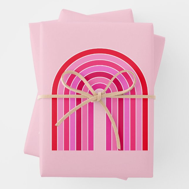 Retro Rainbow Preppy Pink And Red Arch Wrapping Paper Sheet (In situ)