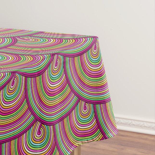 Retro Rainbow Psychedelic Circles Pattern Tablecloth (In Situ)