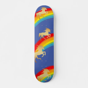 Retro Rainbow Purple Sky Golden Unicorns Skateboard
