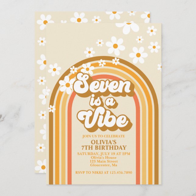Retro Rainbow Seven is a Vibe Groovy 7th Birthday Invitation (Front/Back)