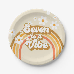 Retro Rainbow Seven is a Vibe Groovy 7th Birthday Paper Plate