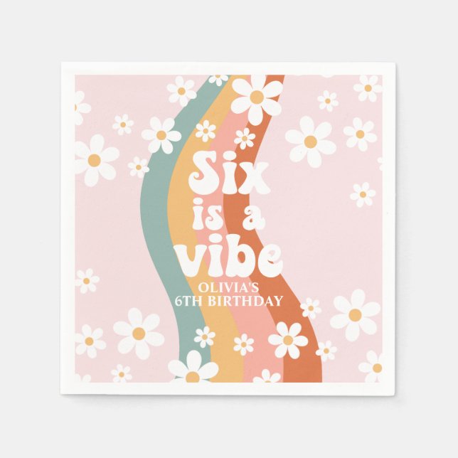Retro Rainbow Six is a Vibe Daisy 6th Birthday Napkin (Front)