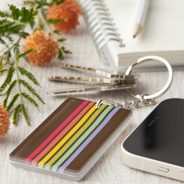 Retro Rainbow Stripe Brown Key Ring (Front Right)