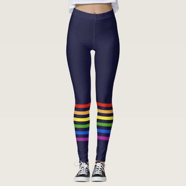 Retro Rainbow Stripes Navy Blue Monogrammed Heart Leggings (Front)