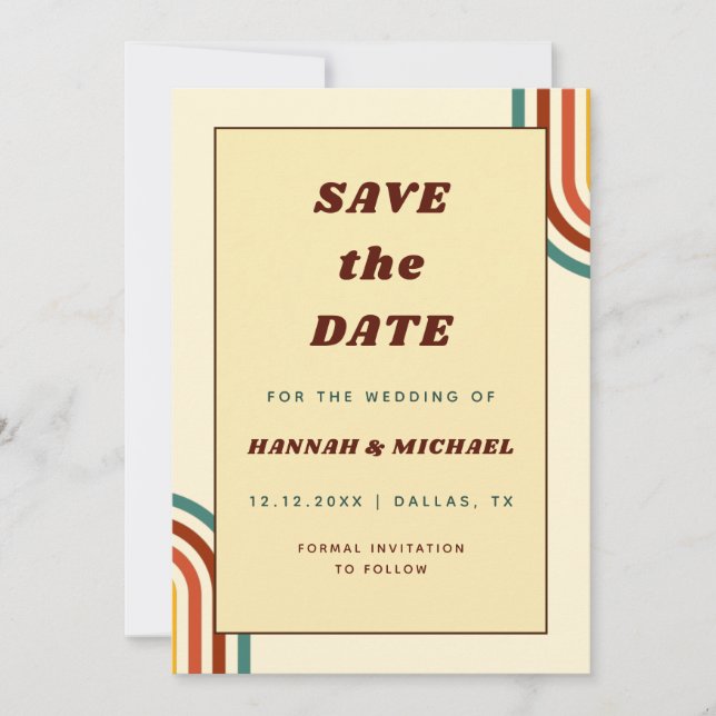 Retro Rainbow Stripes Seventies 1970s Yellow Save The Date (Front)