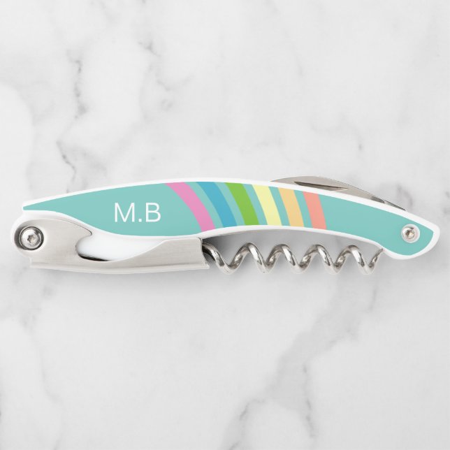 Retro Rainbow Stripes Teal Monogram Corkscrew (Front)