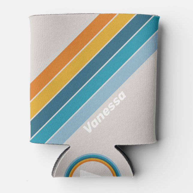 Retro Rainbow Stripes with Name Can Cooler (Front)