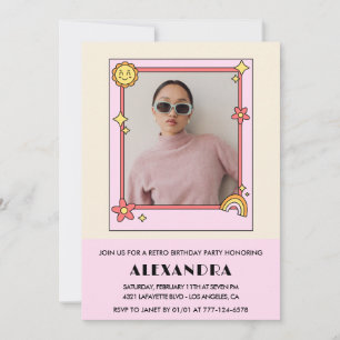 Retro Rainbow Sun Photo Pink 36th birthday Invitation