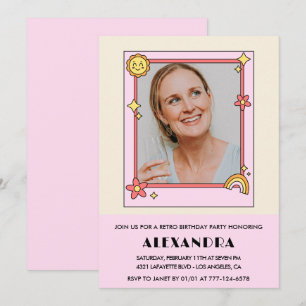 Retro Rainbow Sun Photo Pink 43rd birthday Invitation