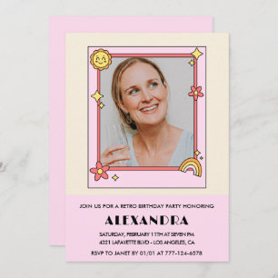 Retro Rainbow Sun Photo Pink 63rd birthday Invitation