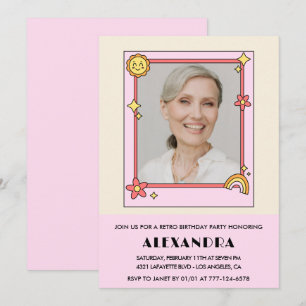 Retro Rainbow Sun Photo Pink 77th birthday Invitation