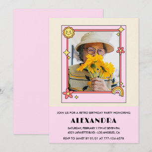 Retro Rainbow Sun Photo Pink 94th birthday Invitation