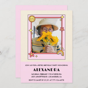 Retro Rainbow Sun Photo Pink 98th birthday Invitation