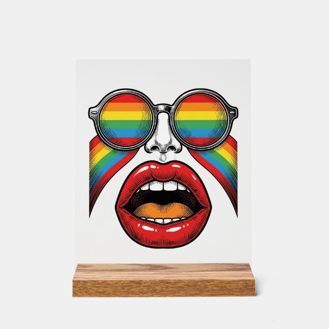 Retro Rainbow Sunglasses Lips Face Vector Design_1 Acrylic Sign (Front)