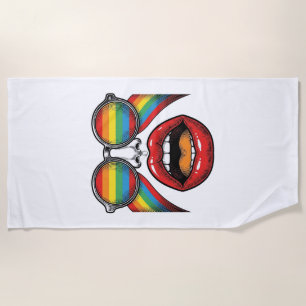 Retro Rainbow Sunglasses Lips Face Vector Design_1 Beach Towel