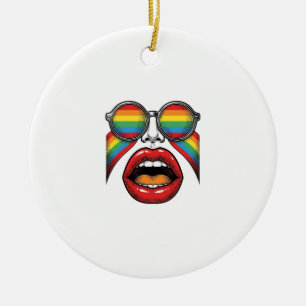 Retro Rainbow Sunglasses Lips Face Vector Design_1 Ceramic Tree Decoration