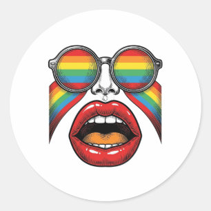 Retro Rainbow Sunglasses Lips Face Vector Design_1 Classic Round Sticker