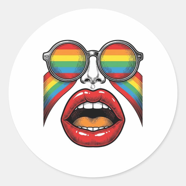 Retro Rainbow Sunglasses Lips Face Vector Design_1 Classic Round Sticker (Front)