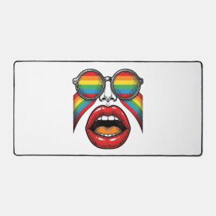 Retro Rainbow Sunglasses Lips Face Vector Design_1 Desk Mat