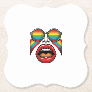 Retro Rainbow Sunglasses Lips Face Vector Design_1 Paper Coaster