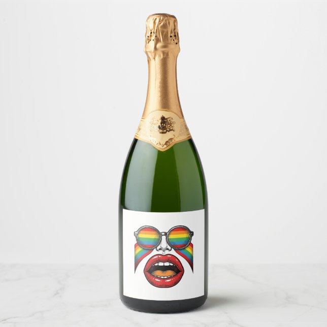 Retro Rainbow Sunglasses Lips Face Vector Design_1 Sparkling Wine Label (Front)