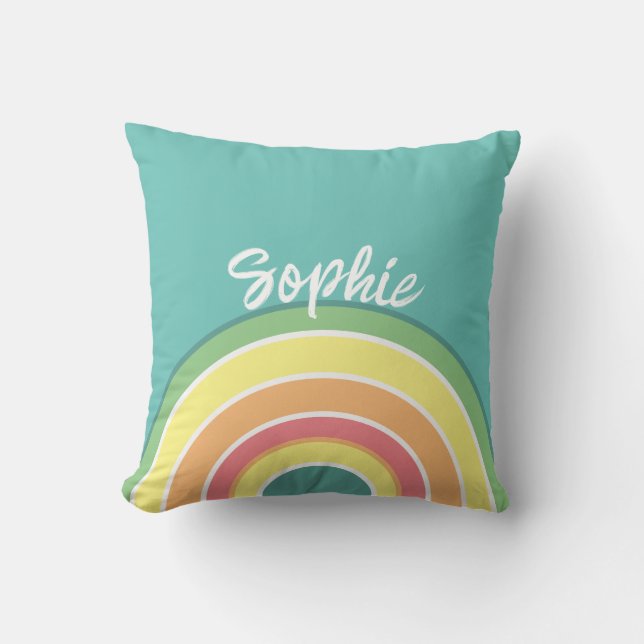 Retro Rainbow Teal Personalised Pillow (Front)
