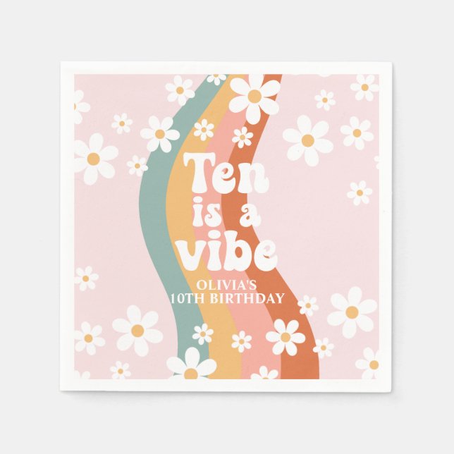 Retro Rainbow Ten is a Vibe Daisy 10th Birthday Napkin (Front)