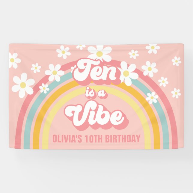Retro Rainbow Ten is a Vibe Groovy 10th Birthday Banner (Horizontal)