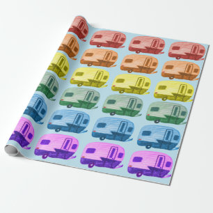 Retro Rainbow Trailers Motorhome RV on Blue Wrapping Paper