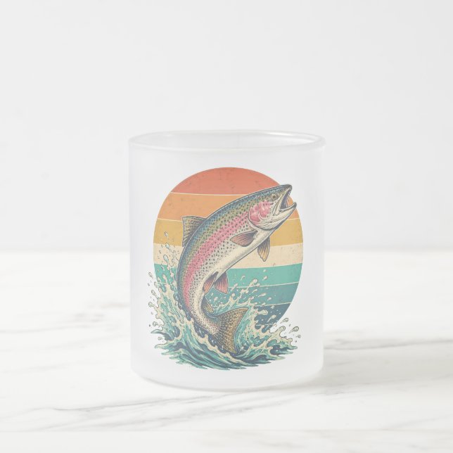 Retro Rainbow Trout Sunset Frosted Glass Coffee Mug (Center)