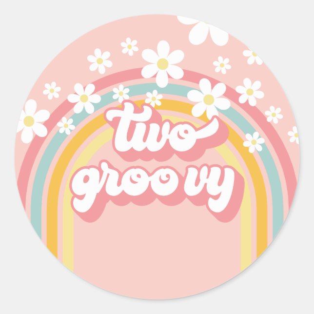 Retro Rainbow Two Groovy 2nd Birthday Classic Round Sticker (Front)