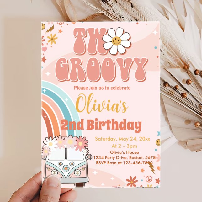 Retro Rainbow Two Groovy 2nd Birthday Invitation (Creator Uploaded)