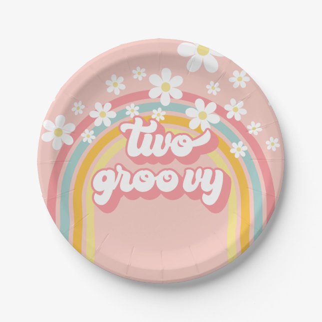 Retro Rainbow Two Groovy 2nd Birthday Paper Plate (Front)