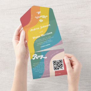 Retro Rainbow Wave LGBTQ Gay Pride QR Code Wedding All In One Invitation
