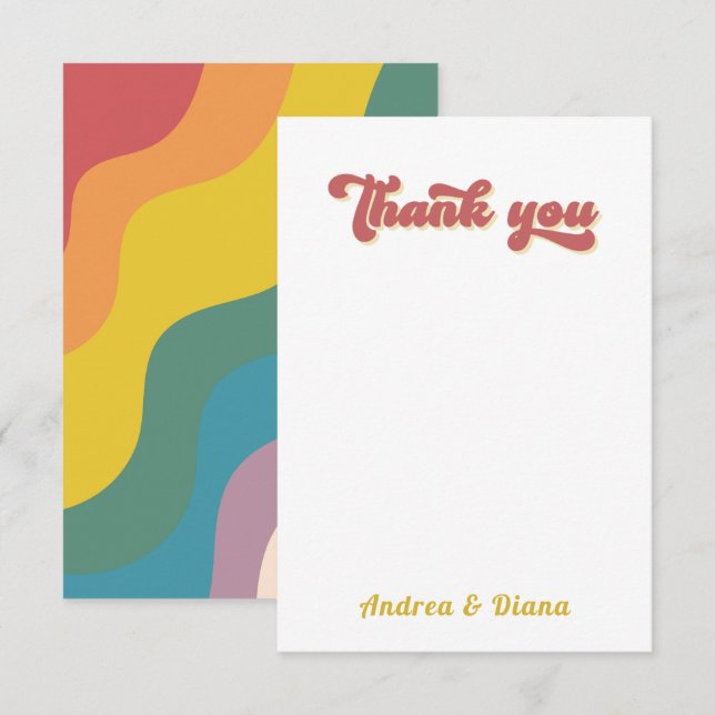 Retro Rainbow Wave LGBTQ Gay Pride Wedding Thank You Card (Front/Back)