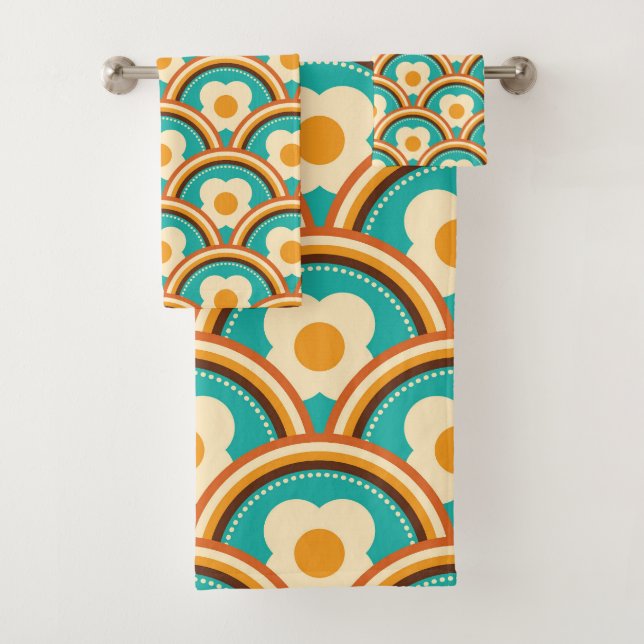 Retro Rainbow Waves and Flowers Pattern Bath Towel Set (Insitu)