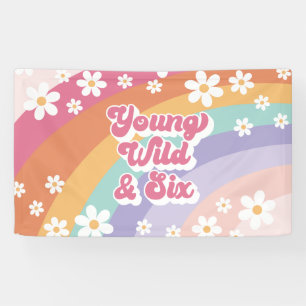 Retro Rainbow Young Wild and Six 6th Birthday Banner
