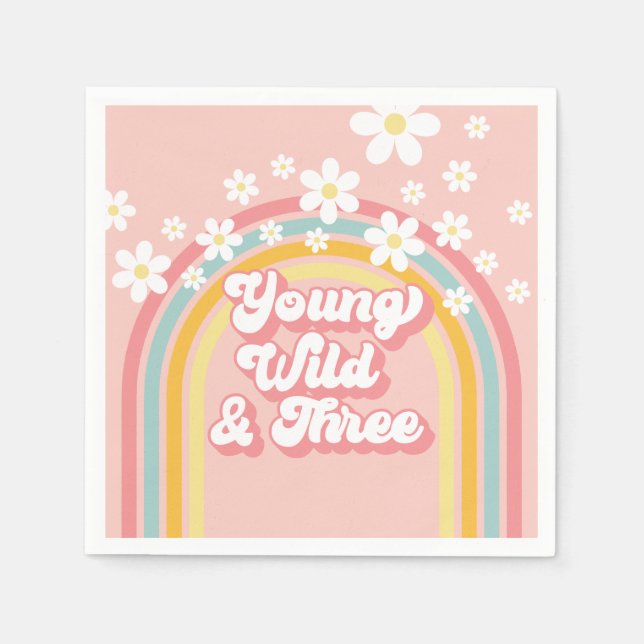 Retro Rainbow Young Wild and Three 3rd Birthday Napkin (Front)