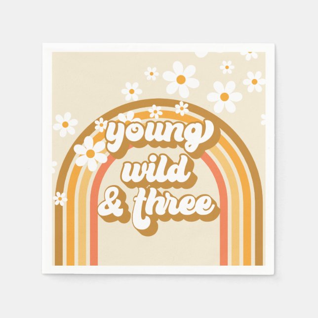 Retro Rainbow Young Wild and Three Birthday Paper  Napkin (Front)