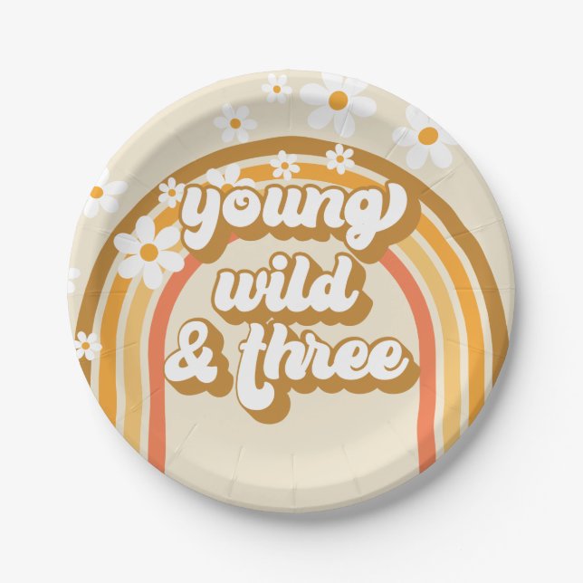 Retro Rainbow Young Wild and Three Birthday Paper Plate (Front)