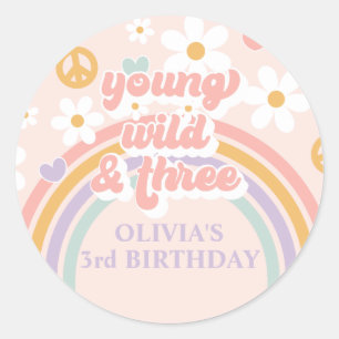 Retro Rainbow Young Wild Three 3rd Birthday Classic Round Sticker