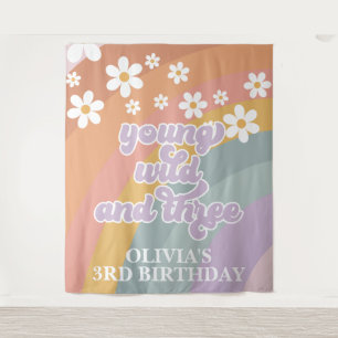 Retro Rainbow Young Wild Three 3rd Birthday Tapestry