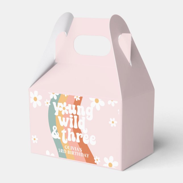 Retro Rainbow Young Wild Three Daisy 3rd Birthday Favour Box (Front Side)