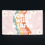 Retro Rainbow Young Wild Three Daisy Banner<br><div class="desc">Retro rainbow swirl young wild and three 3rd birthday party.</div>