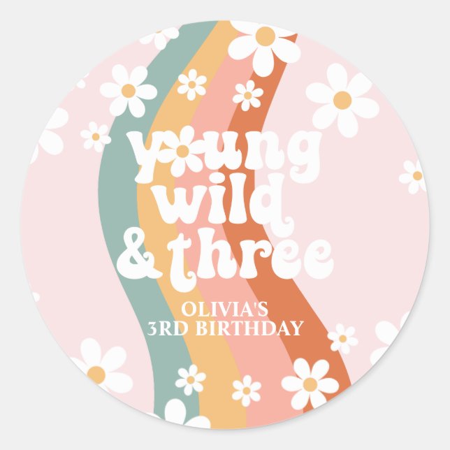 Retro Rainbow Young Wild Three Daisy Classic Round Sticker (Front)